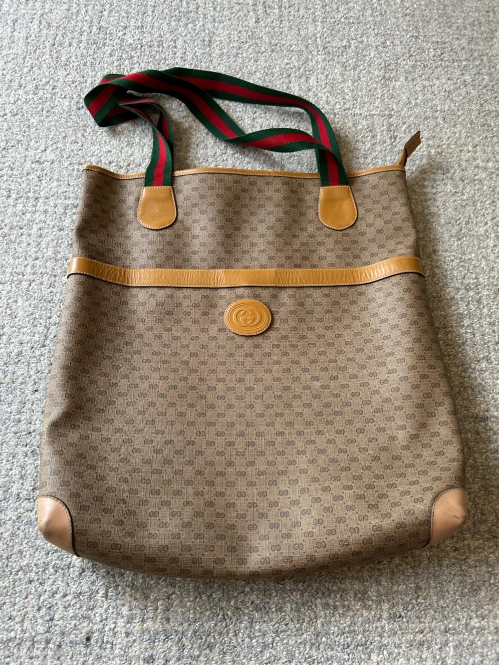 Gucci Brown GG Canvas Tote with Tan Leather and Green-Red Straps - Authenticated